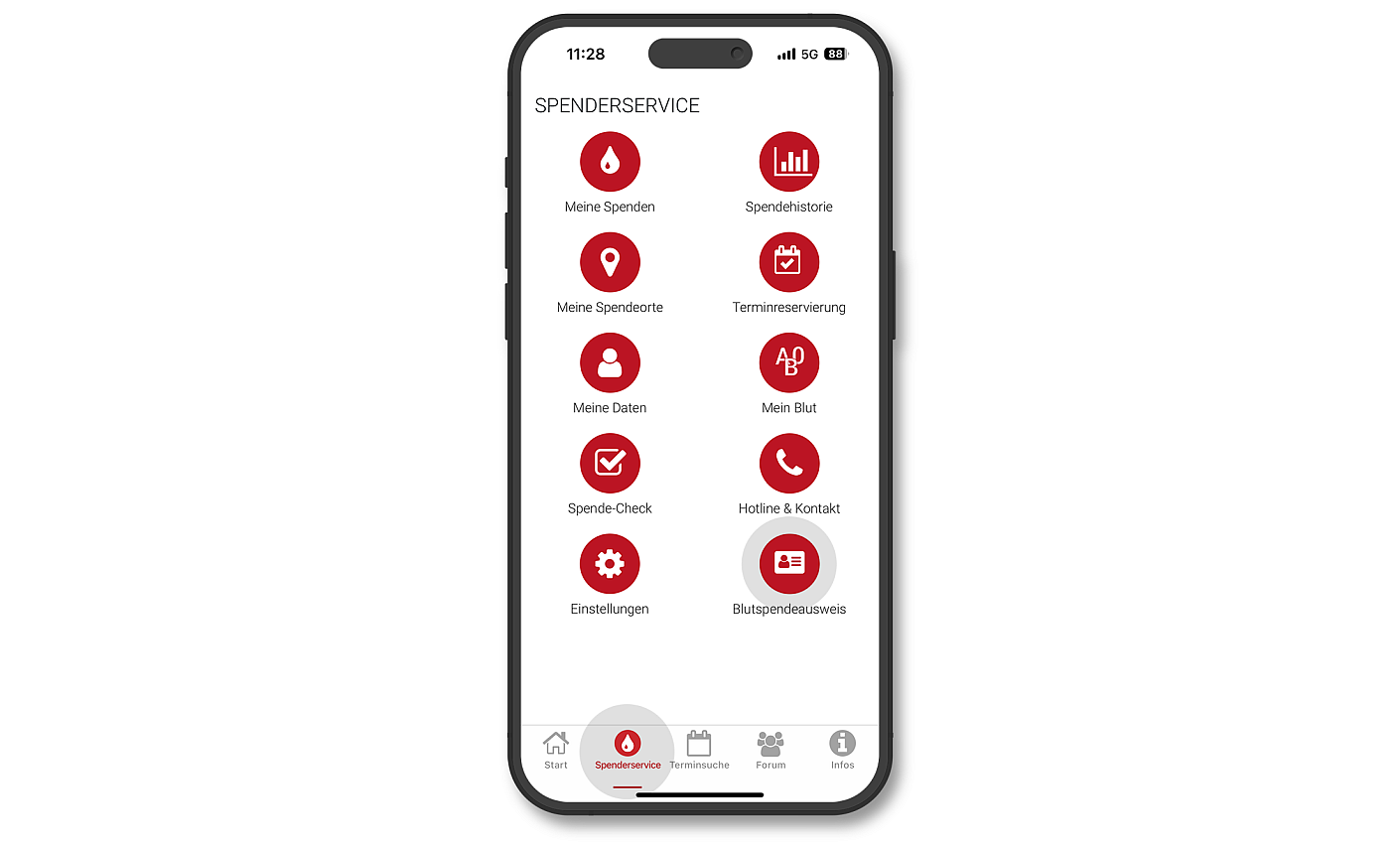 Menü der Blutspende-App mit Ausweis Menü der Blutspende-App mit Ausweis